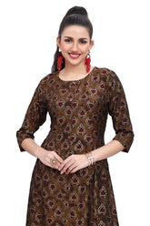 Brown Modal Princess cut A-Line Kurti with Ajrak Print and Foil Highlights